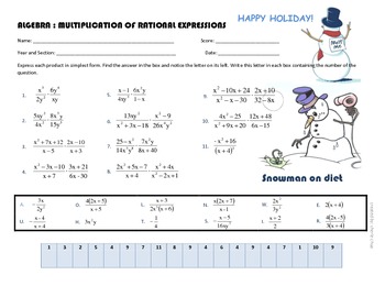 Preview of Christmas theme Multiplication of Rational Expression Snowman on Diet