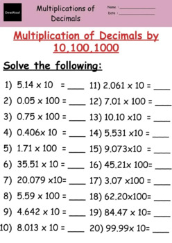 Preview of Multiplication of decimals worksheet