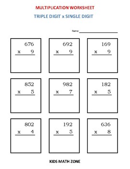 multiplication triple digit x single digit 10 math worksheets tpt