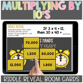 Preview of Multiplication with Multiples of Ten Riddle Reveal Boom Cards