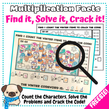 Preview of Multiplication x5 x6 Facts - I Spy + Crack the Code Worksheet - Winter FREEBIE