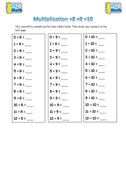 Preview of Multiplication x8 x9 x10