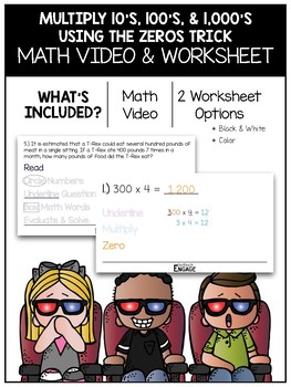Preview of 4.NBT.5 Multiply 10's 100's, & 1,000's (Zeros Trick) Math Video and Worksheet