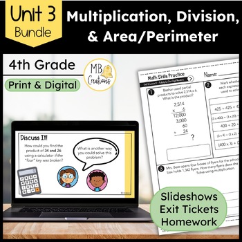 Preview of Multiply, Divide, Find Area and Perimeter Unit 3 Slides & Worksheets iReady Math