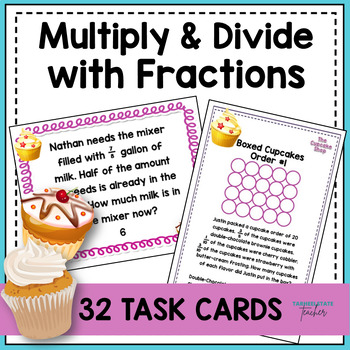 Preview of Multiply and Divide Fractions Word Problem Task Cards Activities or Math Centers