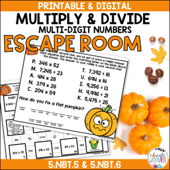 Preview of Multiply Divide Multi-Digit Numbers Digital Fall Pumpkin ESCAPE ROOM
