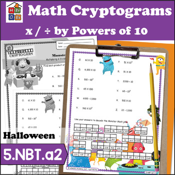 Preview of Multiply & Divide by Powers of 10 | Halloween | Math Cryptogram | 5th Grade Math