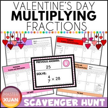 Preview of Multiply Fractions Game - Valentine's Day Math Games Scavenger Hunt