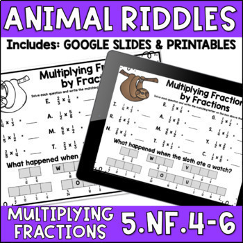 Preview of Multiply Fractions, Whole Numbers, Mixed Numbers Riddles Worksheets Google Slide