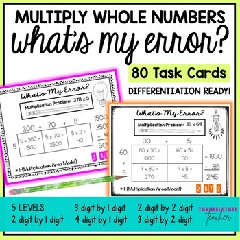 Preview of Area Model Multiplication Error Analysis 1 digit 2 digit Task Cards Activities