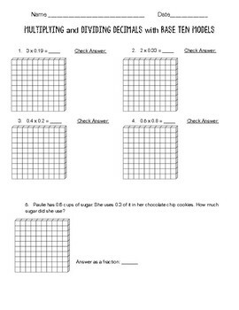 Multiply And Divide Decimals Using Base Ten Blocks Worksheet | Tpt