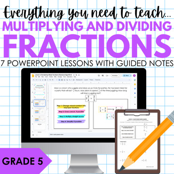 Preview of Multiply and Divide Fractions | 5th Grade Math 5.NF | Lesson, Notes, Practice