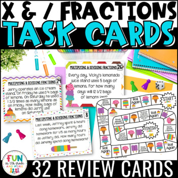 Preview of Multiply and Divide Fractions Task Cards & Game with Word Problems Math Review