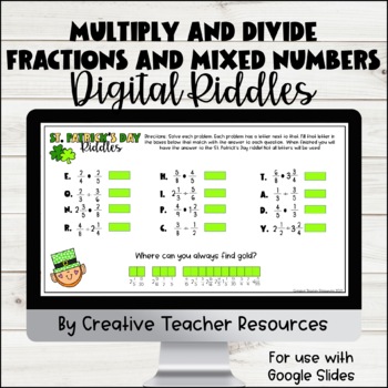 Preview of Multiply and Divide Fractions and Mixed Numbers Digital St. Patrick's Day Riddle
