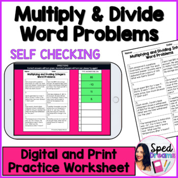 Preview of Multiply and Divide Integers Word Problems Digital Self Checking Worksheet Print