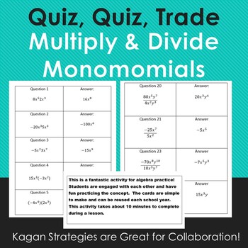 Preview of Multiply and Divide Monomials:  Quiz, Quiz, Trade