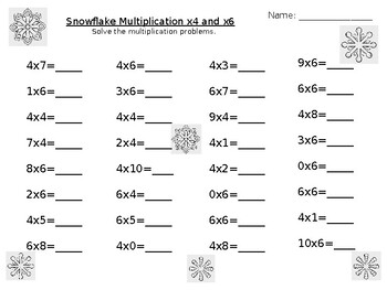 Preview of Multiply by 4 and 6 Freebie Snowflake Practice