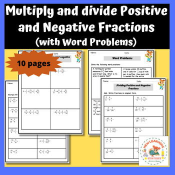 Preview of Multiply,divide Positive and Negative Fractions (with Word Problems) Worksheets