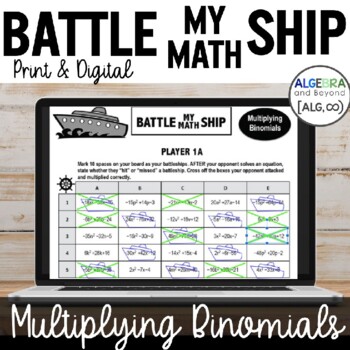 Preview of Multiplying Binomials Activity |  Battle My Math Ship Game | Print and Digital