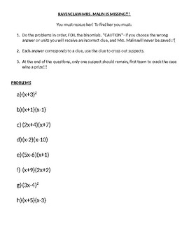 Preview of Multiplying Binomials, FOIL Binomials Save the Teacher Mystery