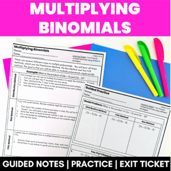 Preview of Multiplying Binomials Guided Notes Practice Test Prep FOIL Method Box Distribute