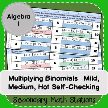 Preview of Multiplying Binomials Mild, Medium, Hot Self-Checking (Digital)