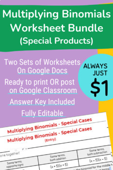 Preview of Multiplying Binomials - Special Products - Worksheet Bundle