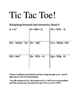 Preview of Multiplying Binomials Tic Tac Toe