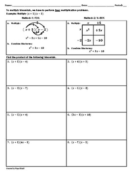 Preview of Multiplying Binomials Worksheet - Teaching and Practice