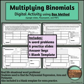 Preview of Multiplying Binomials using BOX Method plus word problems Digital Activity