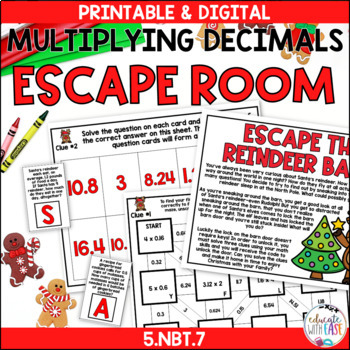 Preview of Multiplying Decimals 5.NBT.7 CHRISTMAS ESCAPE ROOM | Digital & Printable