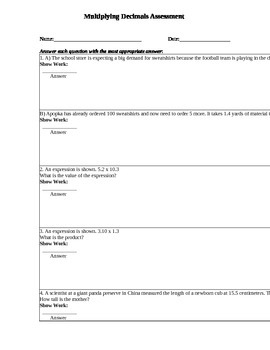 Preview of Multiplying Decimals Assessment