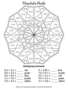 Download Multiplying Decimals Mandala Math Color by Number by WhooperSwan