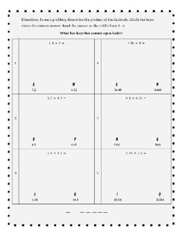Preview of Multiplying Decimals Riddle Worksheet | 6th Grade Math Activity