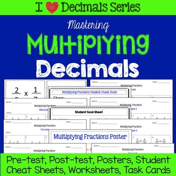 Preview of Multiplying Decimals Unit-Pretests, Post-tests, Poster, Cheat Sheets, Worksheets