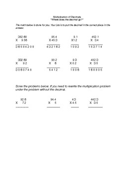 multiplying decimals worksheet by bryan mcdevitt tpt