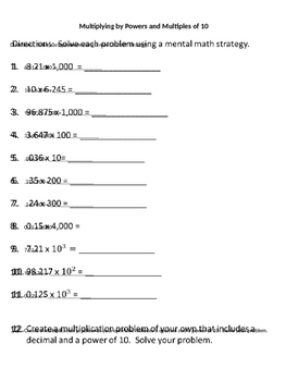 Preview of Multiplying Decimals by Powers and Multiples of 10