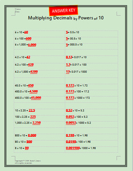 Preview of Multiplying Decimals by Powers of 10-Easy Grade Worksheet w/ ANSWER KEY