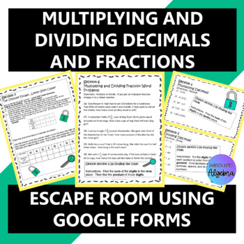 Preview of Multiplying Dividing Decimals and Fractions Digital Escape Room Google Forms