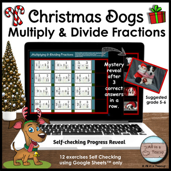Preview of Multiplying & Dividing Fractions Christmas Dogs Mystery Reveal Activity