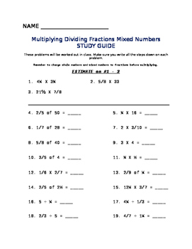 Multiplying Dividing Fractions Mixed Numbers Worksheet | TpT