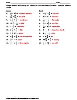 multiplying dividing fractions and mixed numbers crossword puzzle