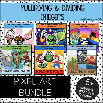 Preview of Multiplying + Dividing Integers Pixel Art BUNDLE for Middle Schoolers | Math