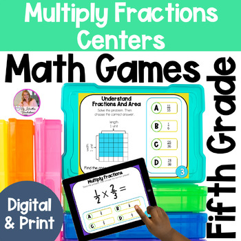 Preview of Multiplying Fractions 12 LOW PREP Math Centers | Digital and Print 