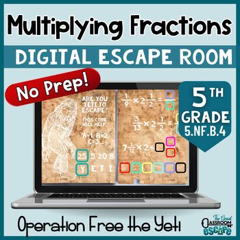 Preview of Multiplying Fractions 5th Grade Math Digital Escape Room Activity Free the Yeti
