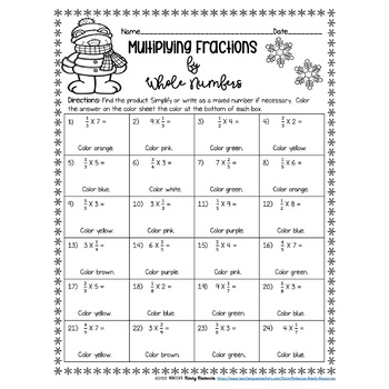 multiplying fractions by whole numbers color by number winter theme