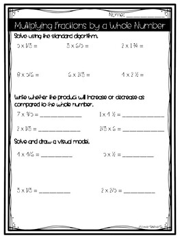 multiplying fractions by whole numbers worksheet teaching resources tpt