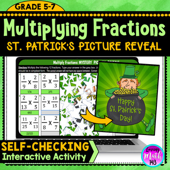 Preview of Multiplying Fractions Digital Mystery Picture Art Reveal for St. Patrick's Day