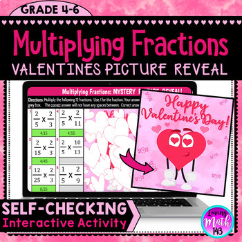 Preview of Multiplying Fractions Digital Mystery Picture Art Reveal for Valentine's Day
