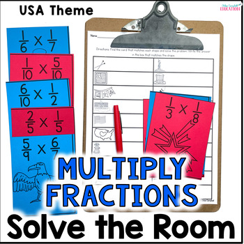 Preview of Multiplying Fractions Solve the Room Activity - USA theme Math